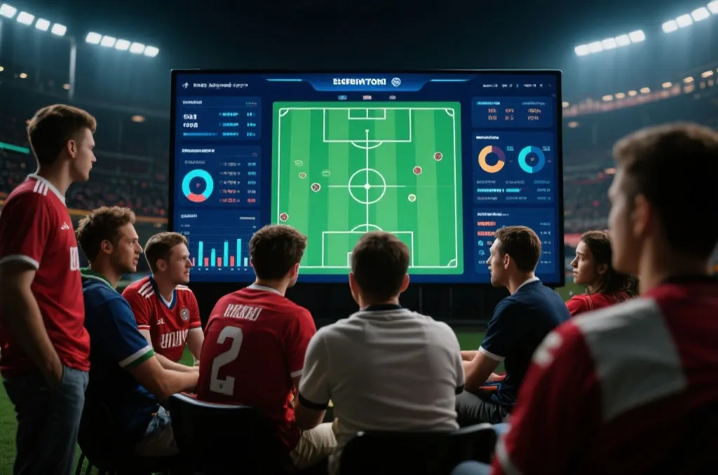 数据可视化界面与球迷在屏幕前讨论战术,象征理性与社交的结合