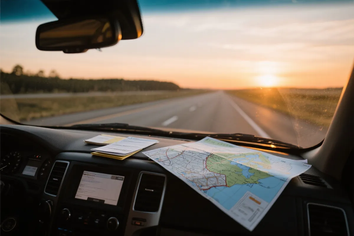 北美公路自驾场景，车内放置护照、保险文件与路线图的旅行准备