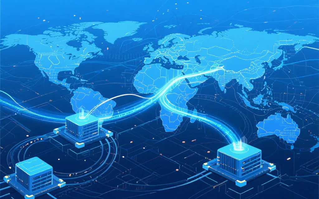 跨洲传输与低延迟分发示意：编码、骨干链路、落地节点与多终端播放